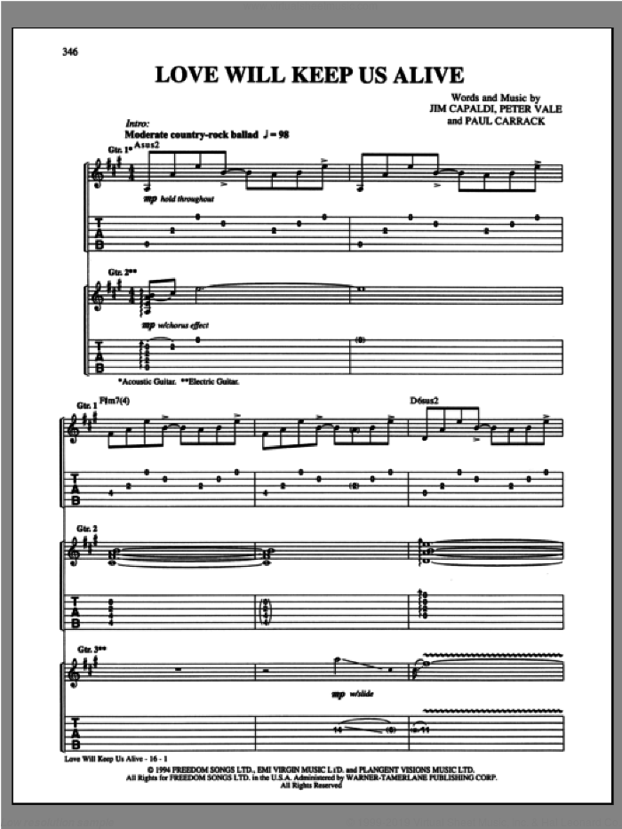 Love Will Keep Us Alive sheet music for guitar (tablature) by The Eagles, Jim Capaldi, Paul Carrack and Peter Vale, intermediate skill level