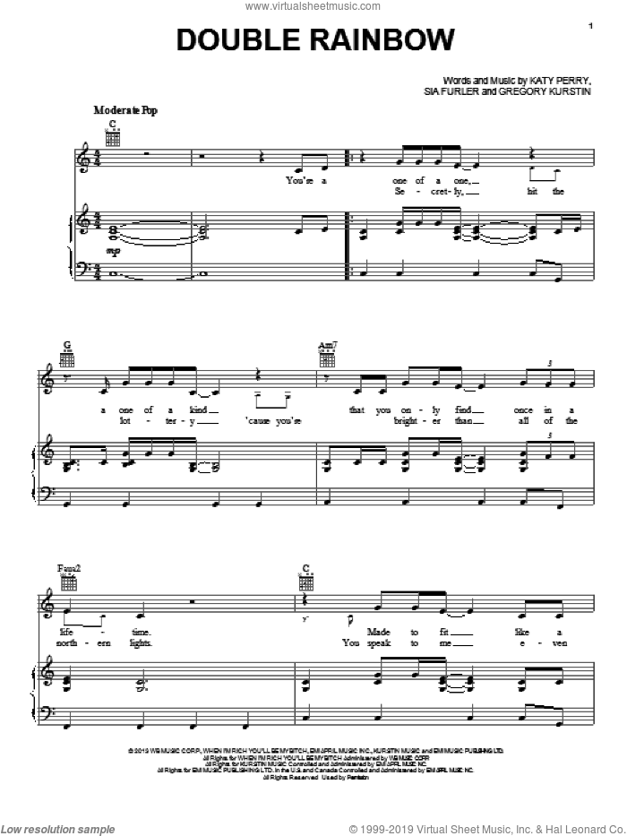 Double Rainbow sheet music for voice, piano or guitar by Katy Perry, Gregory Kurstin and Sia Furler, intermediate skill level