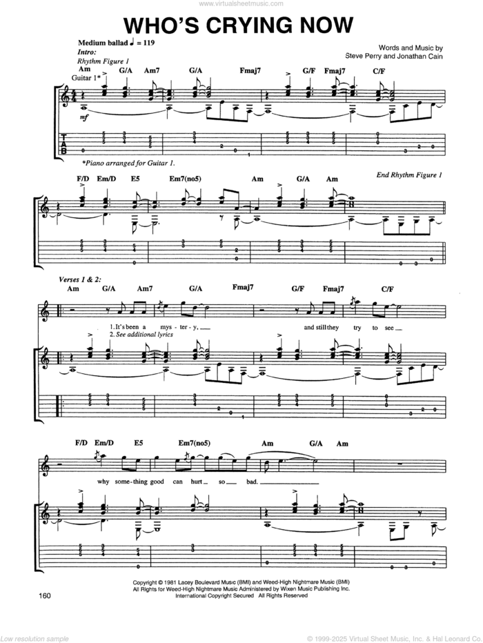 Who's Crying Now sheet music for guitar (tablature) by Journey, Jonathan Cain and Steve Perry, intermediate skill level