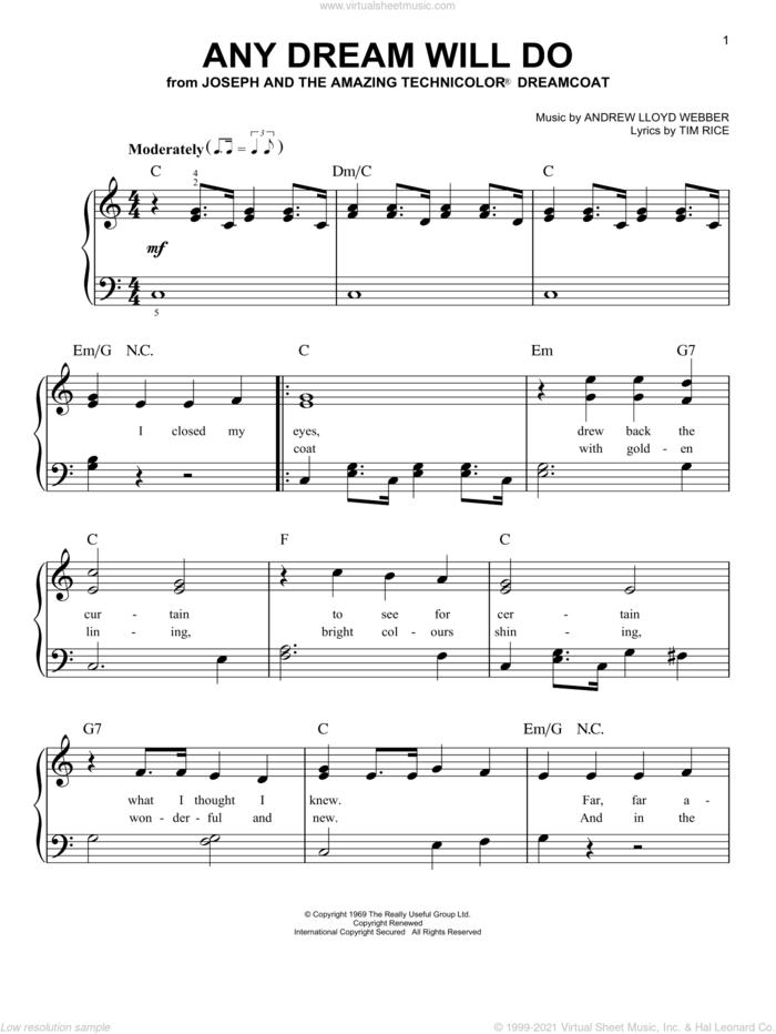 Any Dream Will Do, (easy) sheet music for piano solo by Andrew Lloyd Webber and Tim Rice, easy skill level