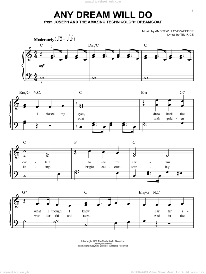 Any Dream Will Do, (easy) sheet music for piano solo by Andrew Lloyd Webber and Tim Rice, easy skill level