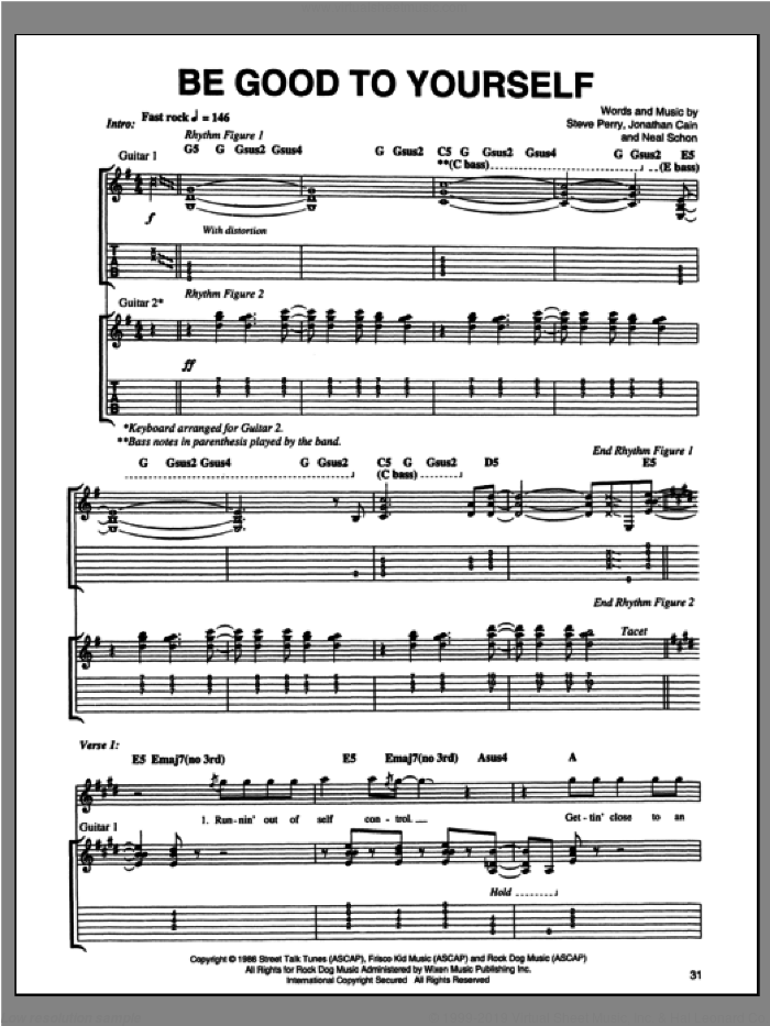 Be Good To Yourself sheet music for guitar (tablature) by Journey, Jonathan Cain, Neal Schon and Steve Perry, intermediate skill level