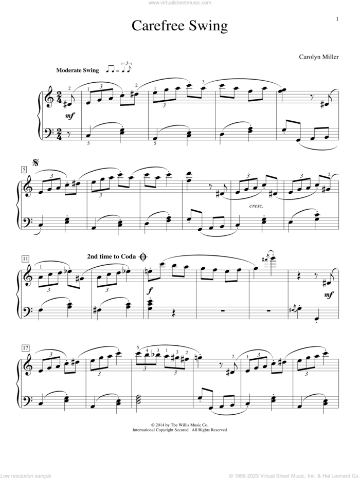 Carefree Swing sheet music for piano solo (elementary) by Carolyn Miller, classical score, beginner piano (elementary)