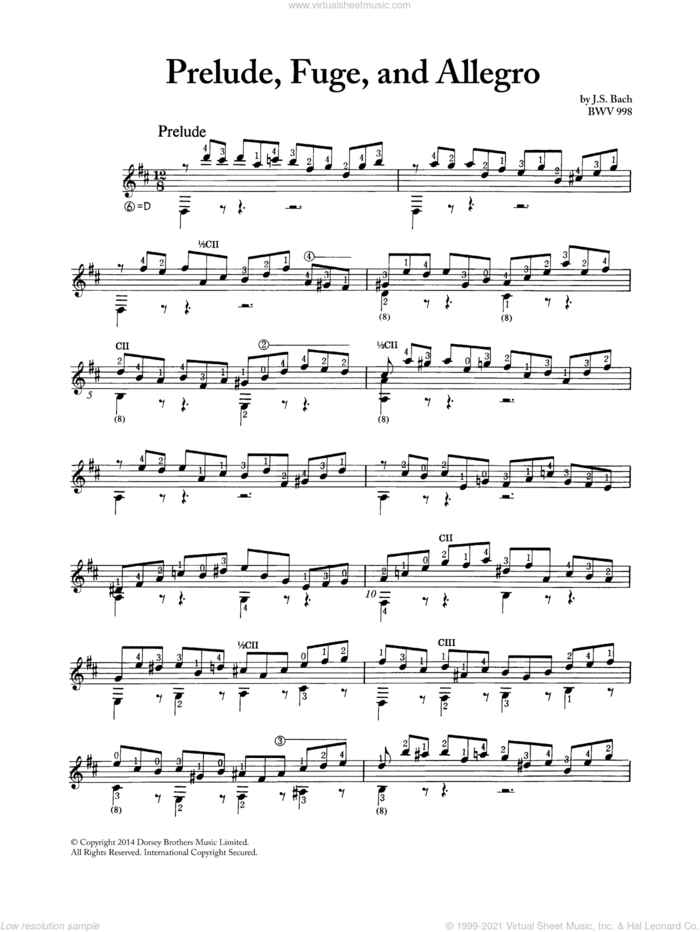 Prelude, Fugue And Allegro BWV 998 sheet music for guitar solo by Johann Sebastian Bach, classical score, intermediate skill level