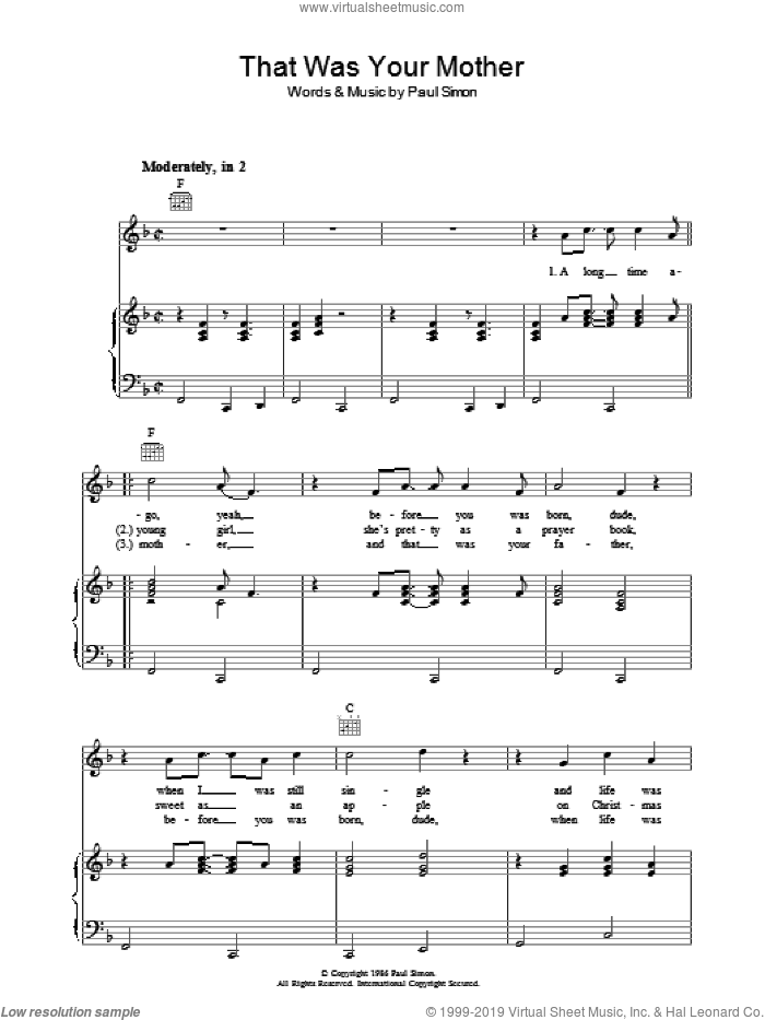 That Was Your Mother sheet music for voice, piano or guitar by Paul Simon, intermediate skill level