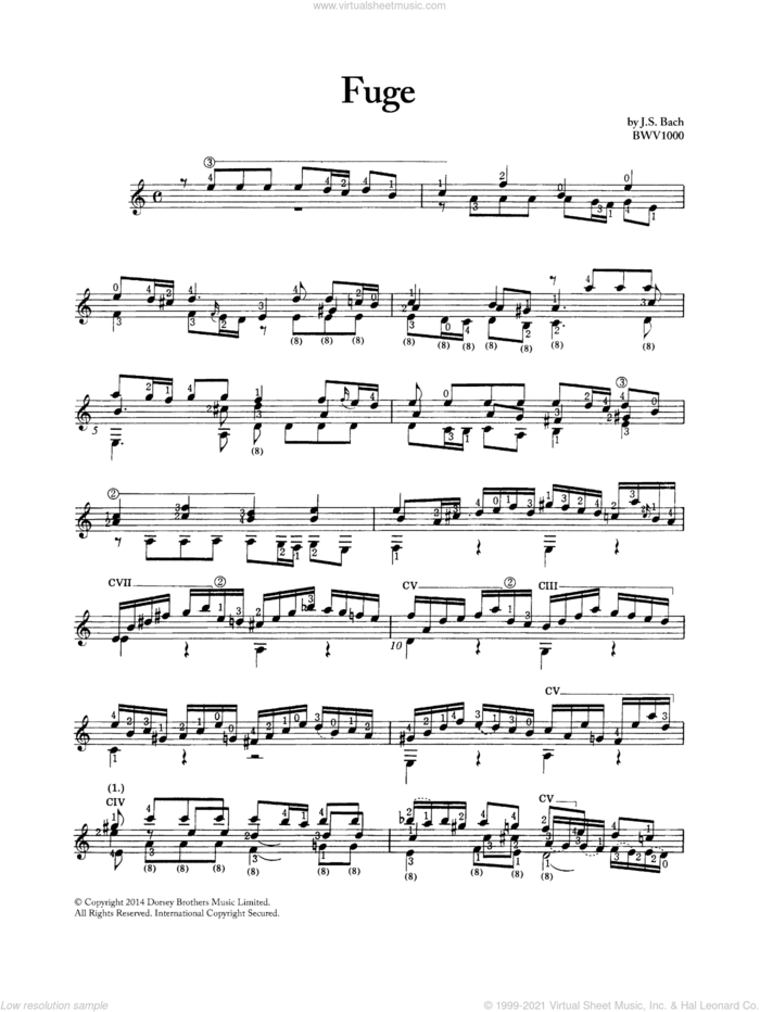 Fugue In A Minor BWV 1000 sheet music for guitar solo by Johann Sebastian Bach, classical score, intermediate skill level