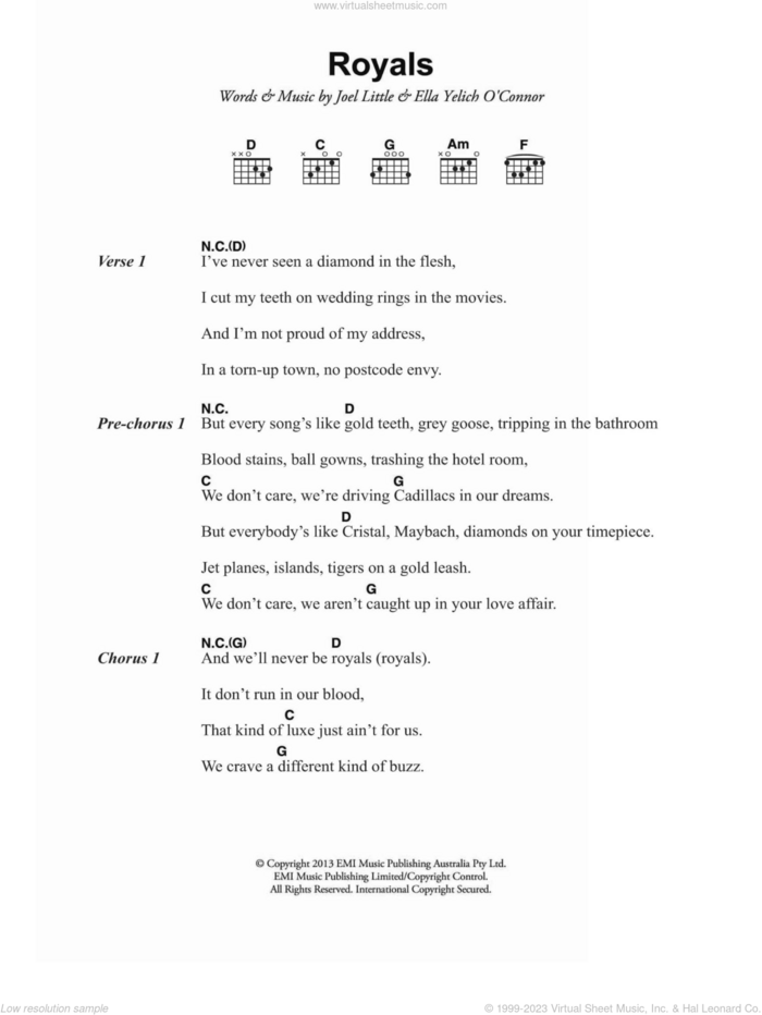Royals sheet music for guitar (chords) by Lorde and Joel Little, intermediate skill level