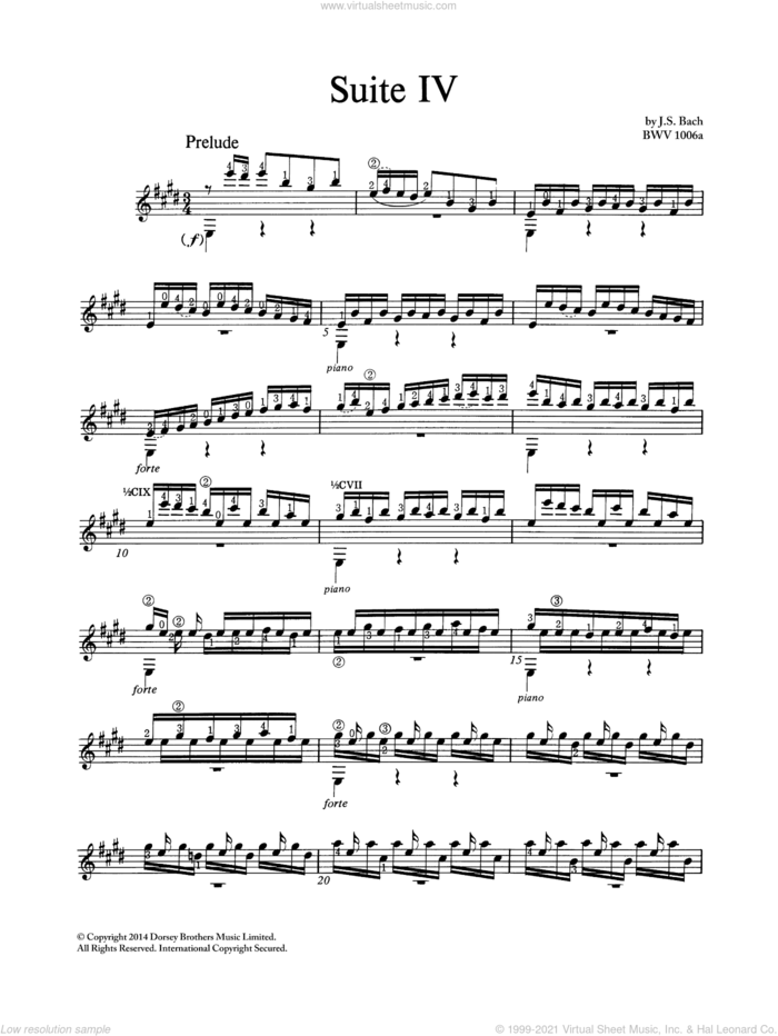 Suite In E Major BWV 1006A sheet music for guitar solo by Johann Sebastian Bach, classical score, intermediate skill level