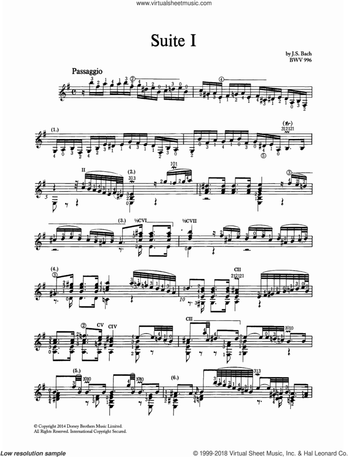 Suite In E Minor BWV 996 sheet music for guitar solo by Johann Sebastian Bach, classical score, intermediate skill level