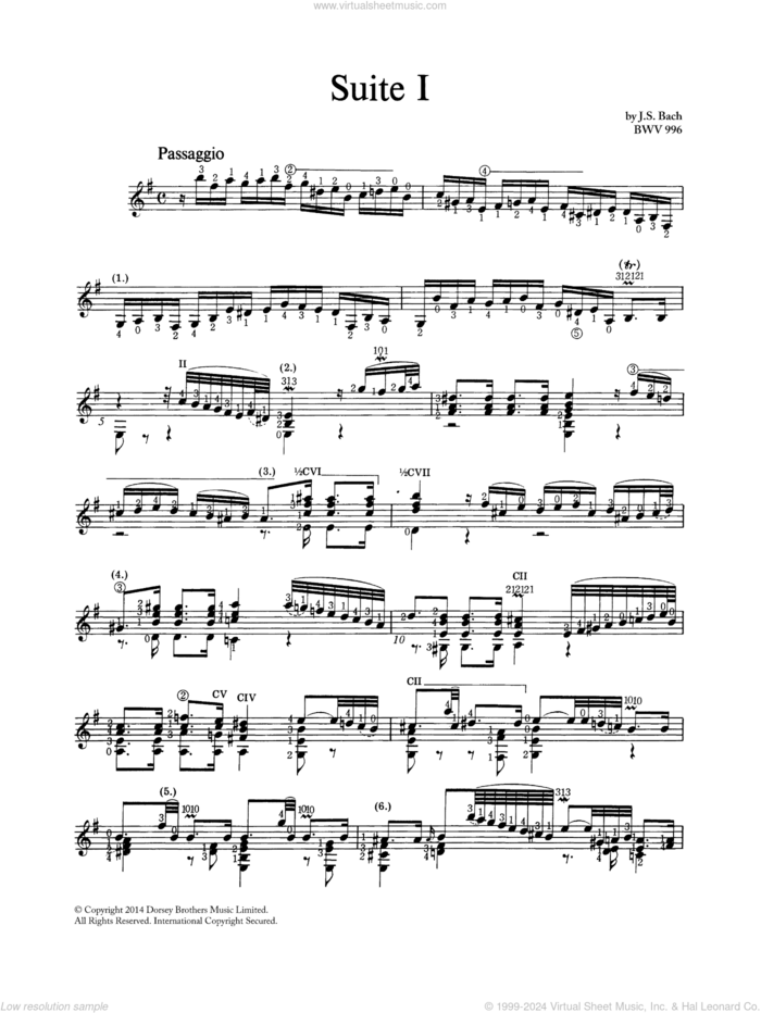 Suite In E Minor BWV 996 sheet music for guitar solo by Johann Sebastian Bach, classical score, intermediate skill level