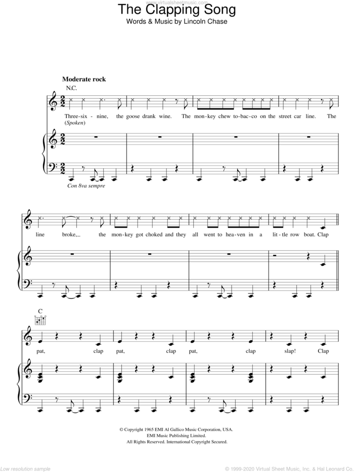 The Clapping Song sheet music for voice, piano or guitar by Lincoln Chase, intermediate skill level