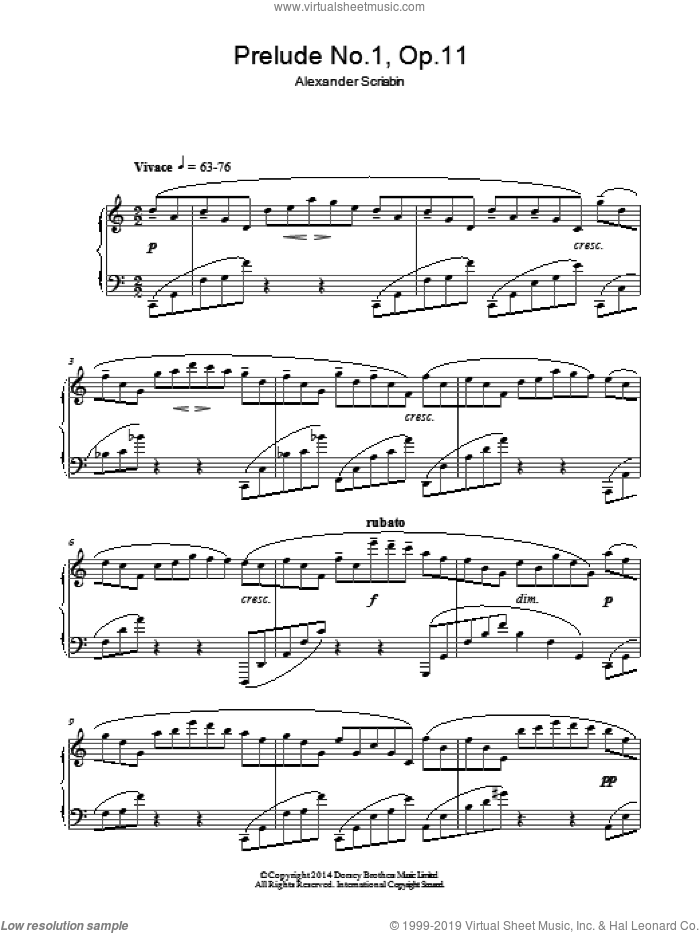 Prelude No.1, Op.11 sheet music for piano solo by Alexander Scriabin, classical score, intermediate skill level