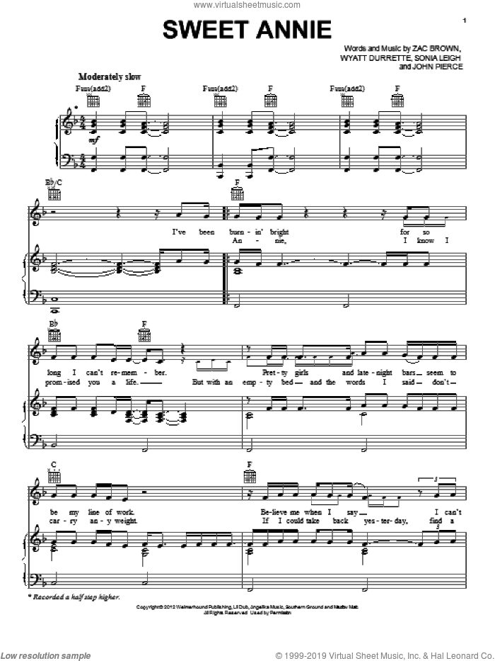 Sweet Annie sheet music for voice, piano or guitar by Zac Brown Band, John Pierce, Sonia Leigh, Wyatt Durrette and Zac Brown, intermediate skill level