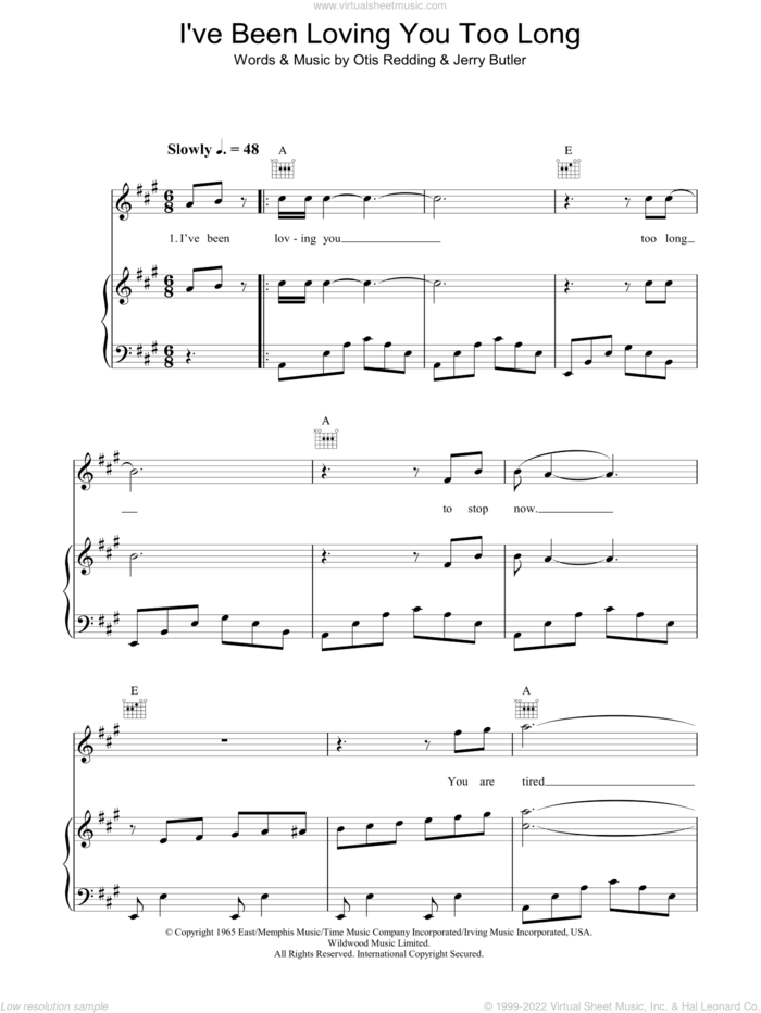 I've Been Loving You Too Long sheet music for voice, piano or guitar by Otis Redding and Jerry Butler, intermediate skill level