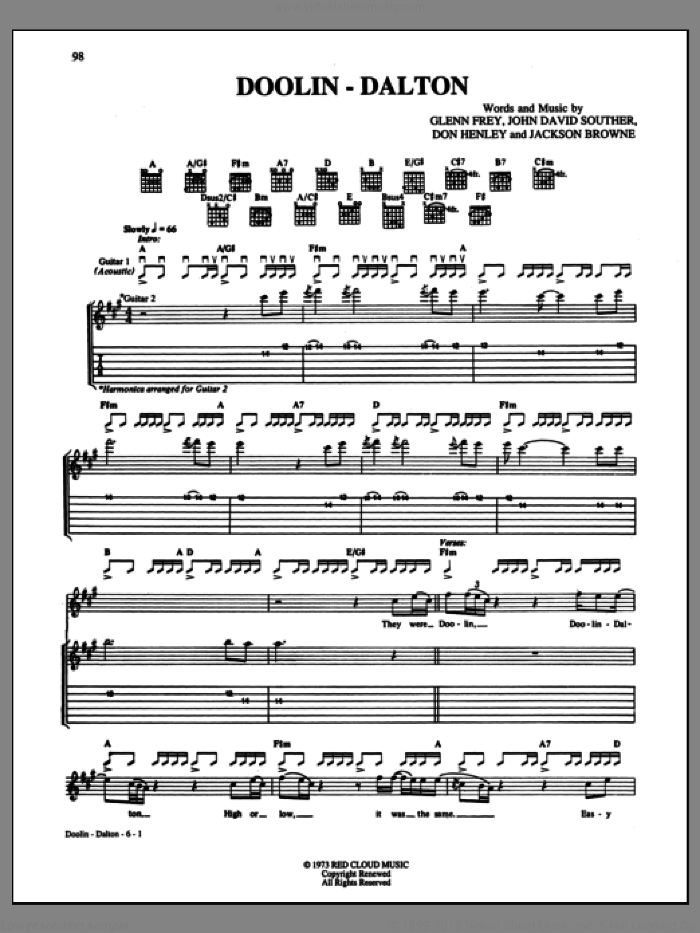 Doolin-Dalton sheet music for guitar (tablature) by The Eagles, Don Henley, Glenn Frey, Jackson Browne and John David Souther, intermediate skill level