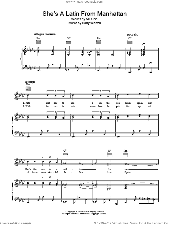 She's A Latin From Manhattan sheet music for voice, piano or guitar by Harry Warren and Al Dubin, intermediate skill level