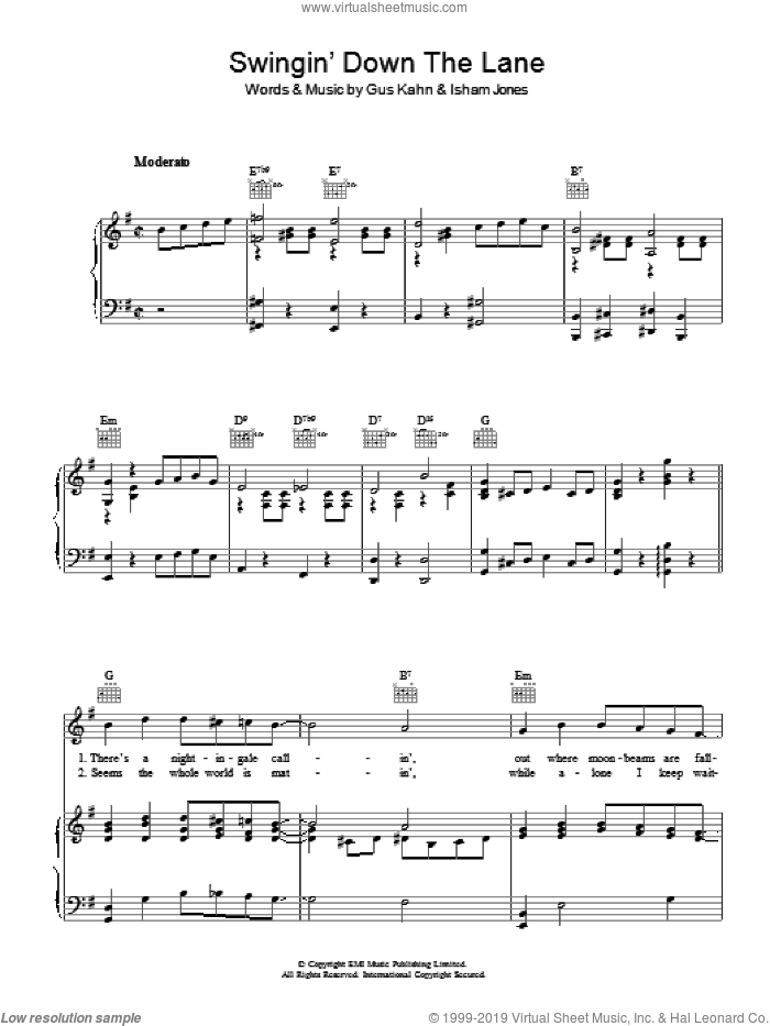 Swingin' Down The Lane sheet music for voice, piano or guitar by Gus Kahn and Isham Jones, intermediate skill level