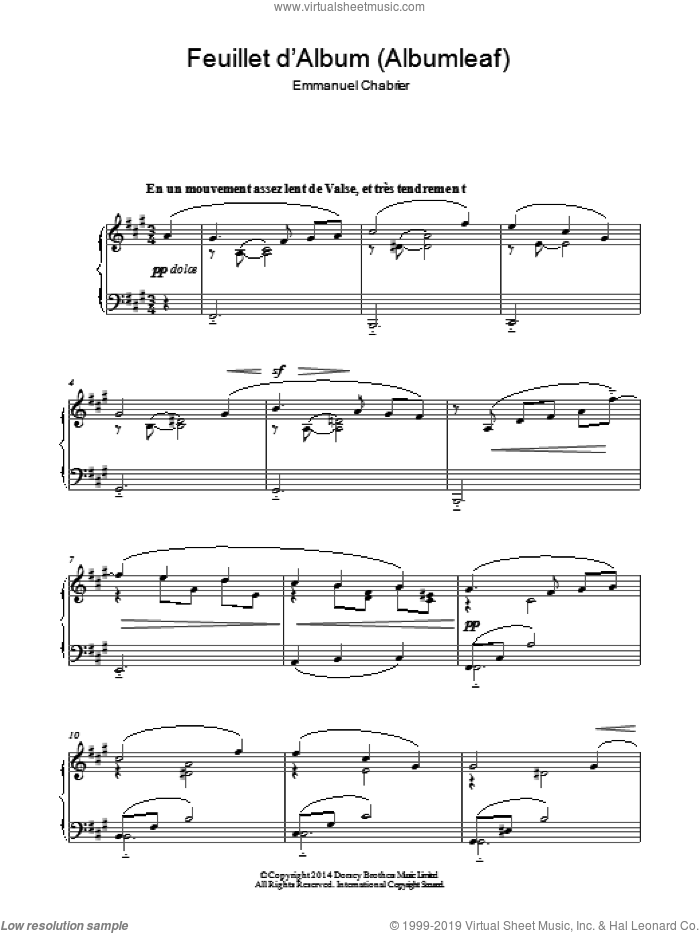 Feuillet D'album sheet music for piano solo by Emmanuel Chabrier, classical score, intermediate skill level