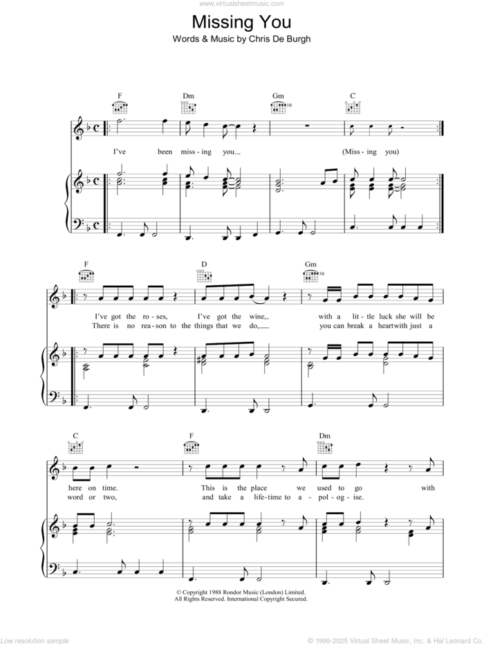 Missing You sheet music for voice, piano or guitar by Chris de Burgh, intermediate skill level