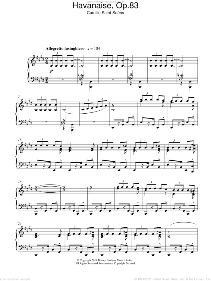 Havanaise Op. 83 sheet music for piano solo by Camille Saint-Saens, classical score, intermediate skill level