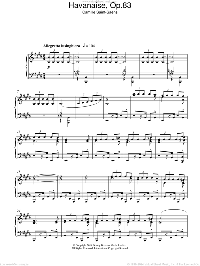 Havanaise Op. 83 sheet music for piano solo by Camille Saint-Saens, classical score, intermediate skill level