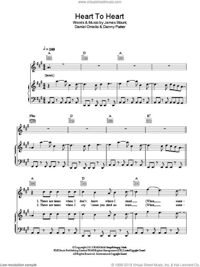 Heart To Heart sheet music for voice, piano or guitar by James Blunt, Derek Jones, Daniel Omelio, Danny Parker and James Blount, intermediate skill level