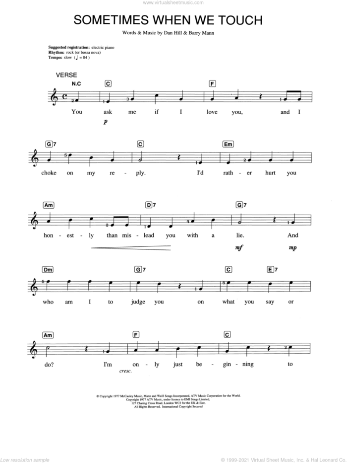 Sometimes When We Touch sheet music for piano solo (chords, lyrics, melody) by Dan Hill and Barry Mann, intermediate piano (chords, lyrics, melody)