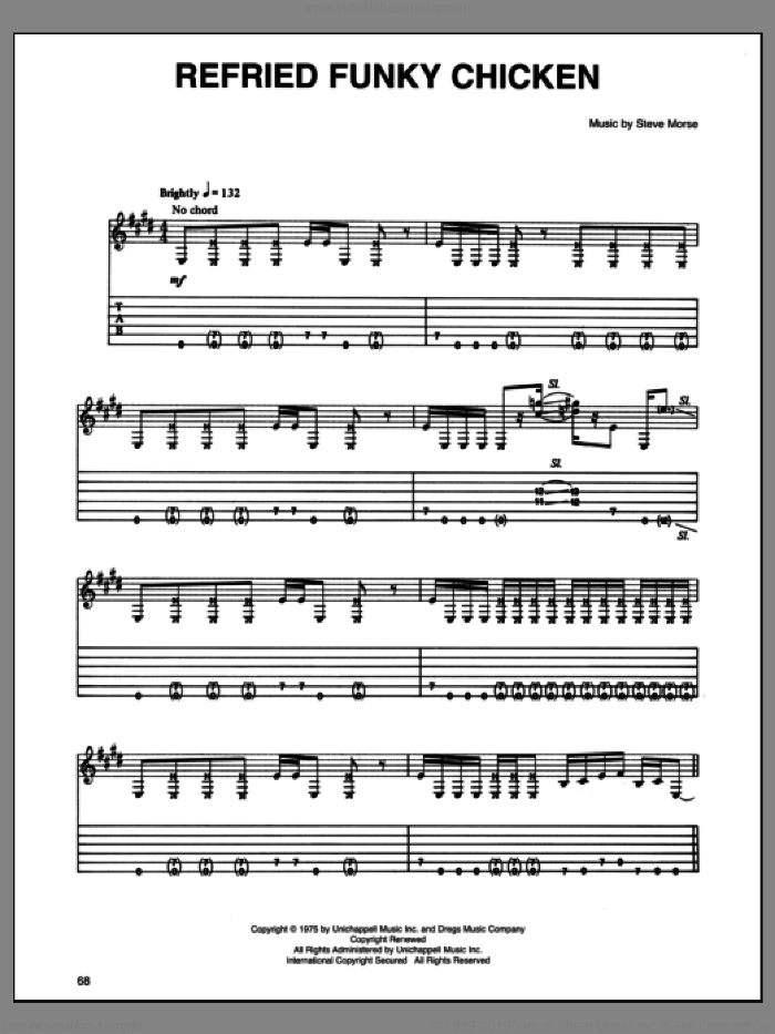 Refried Funky Chicken sheet music for guitar (tablature) by Steve Morse and Dixie Dregs, intermediate skill level
