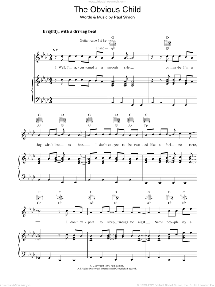 The Obvious Child sheet music for voice, piano or guitar by Paul Simon, intermediate skill level