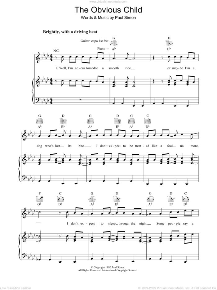 The Obvious Child sheet music for voice, piano or guitar by Paul Simon, intermediate skill level