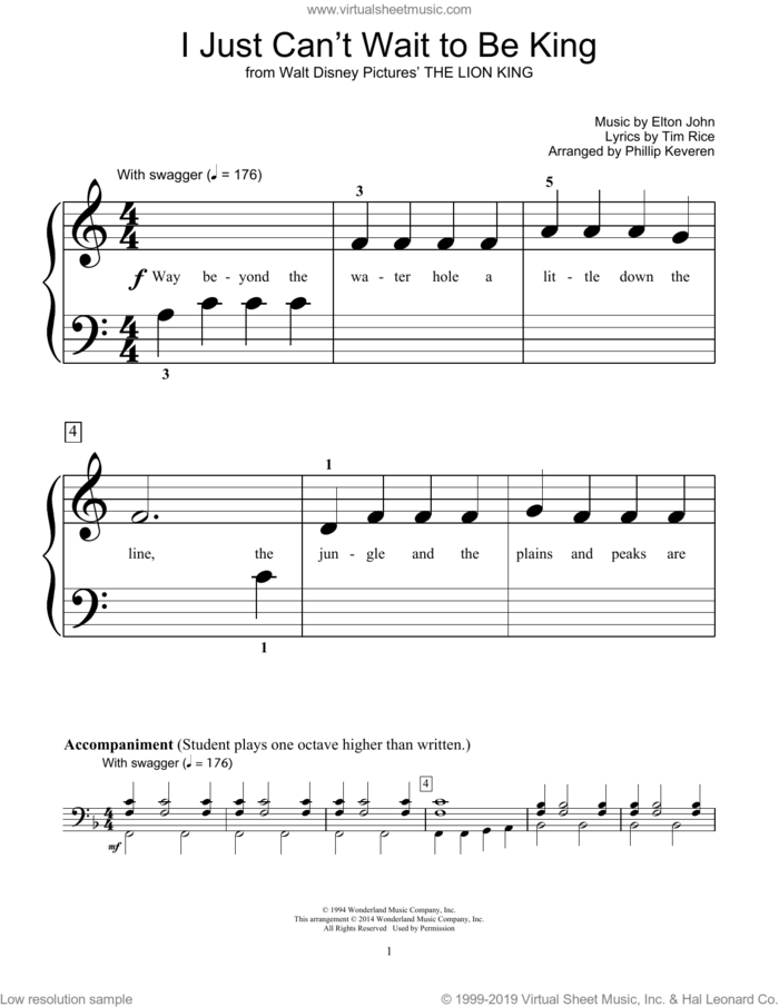 I Just Can't Wait To Be King (from The Lion King) (arr. Phillip Keveren) sheet music for piano solo (elementary) by Elton John, Phillip Keveren, Bill Boyd and Tim Rice, beginner piano (elementary)