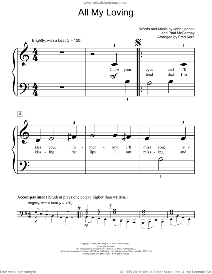 All My Loving sheet music for piano solo (elementary) by The Beatles, Fred Kern, Bill Boyd, John Lennon and Paul McCartney, beginner piano (elementary)