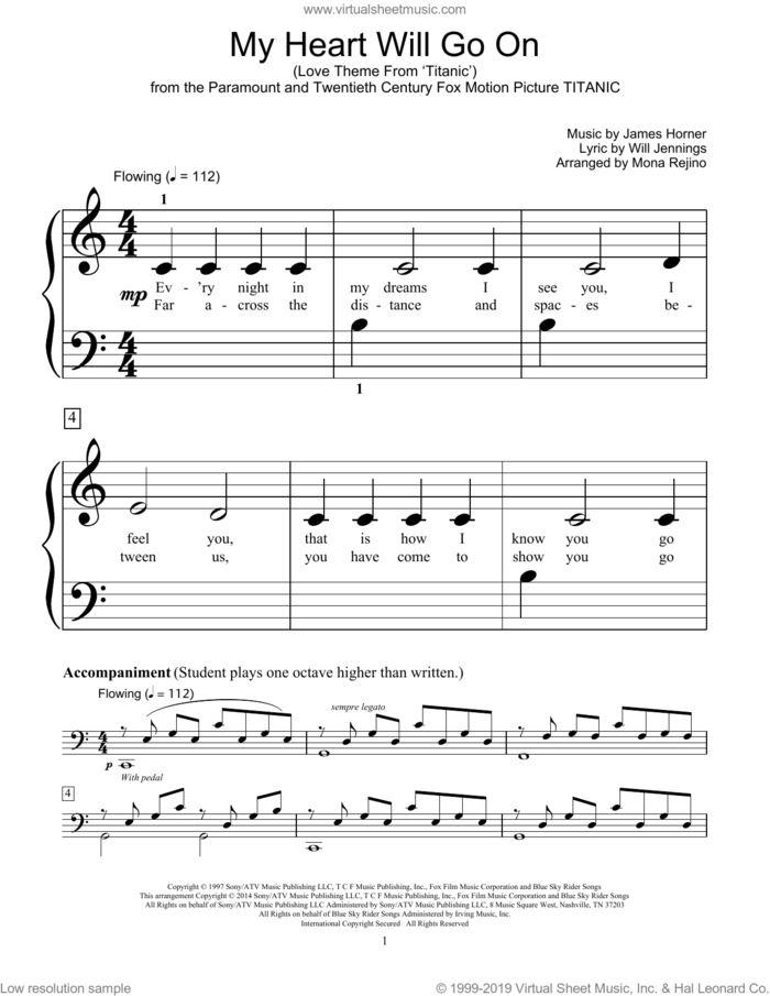 My Heart Will Go On (Love Theme from Titanic) sheet music for piano solo (elementary) by Celine Dion, Mona Rejino, Bill Boyd, Deja Vu, James Horner, Kenny G and Will Jennings, wedding score, beginner piano (elementary)
