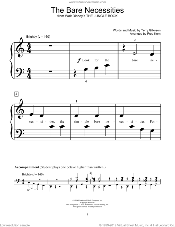 The Bare Necessities, (beginner) sheet music for piano solo (elementary) by Terry Gilkyson, Fred Kern and Bill Boyd, beginner piano (elementary)