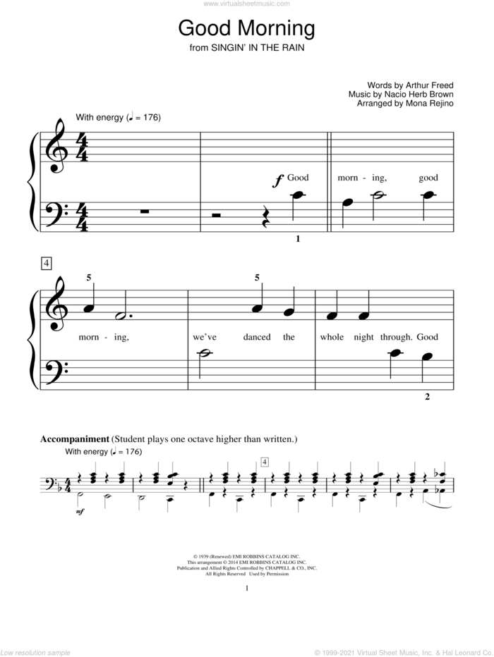 Good Morning sheet music for piano solo (elementary) by Nacio Herb Brown, Mona Rejino, Arthur Freed and Bill Boyd, beginner piano (elementary)