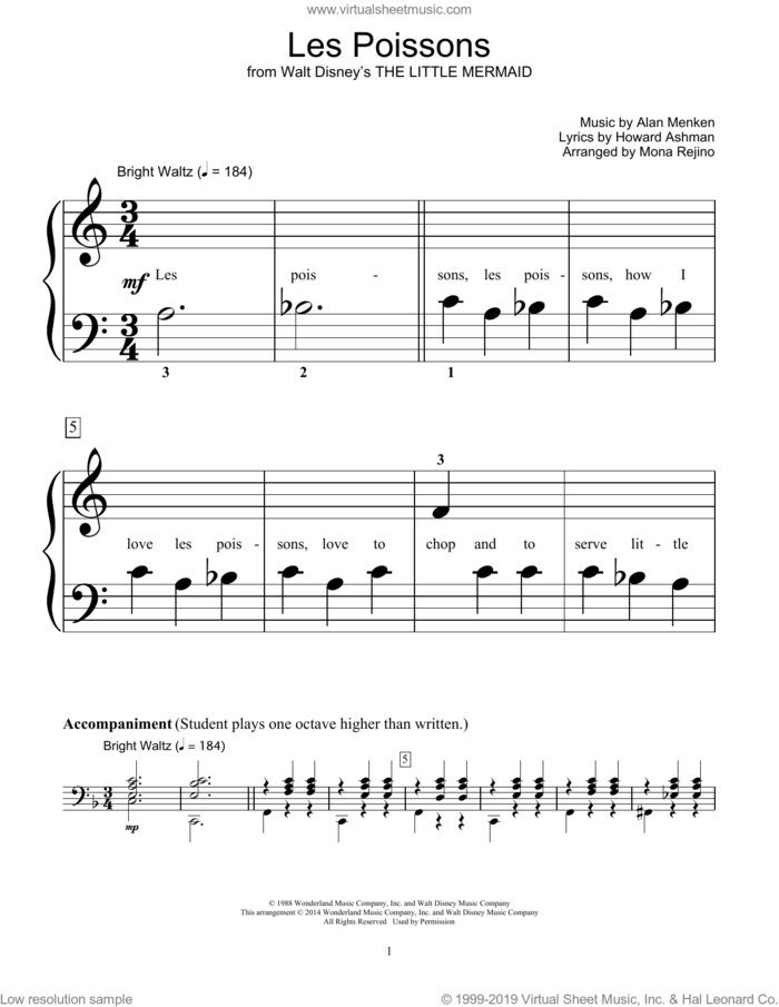 Les Poissons (from The Little Mermaid) sheet music for piano solo (elementary) by Alan Menken, Mona Rejino, Bill Boyd and Howard Ashman, beginner piano (elementary)