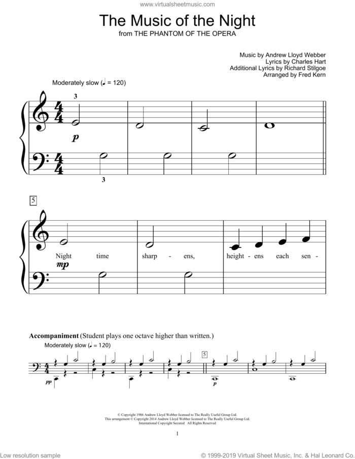 The Music Of The Night (from The Phantom Of The Opera) (arr. Fred Kern) sheet music for piano solo (elementary) by Andrew Lloyd Webber, Fred Kern, Bill Boyd, Charles Hart, David Cook and Richard Stilgoe, beginner piano (elementary)
