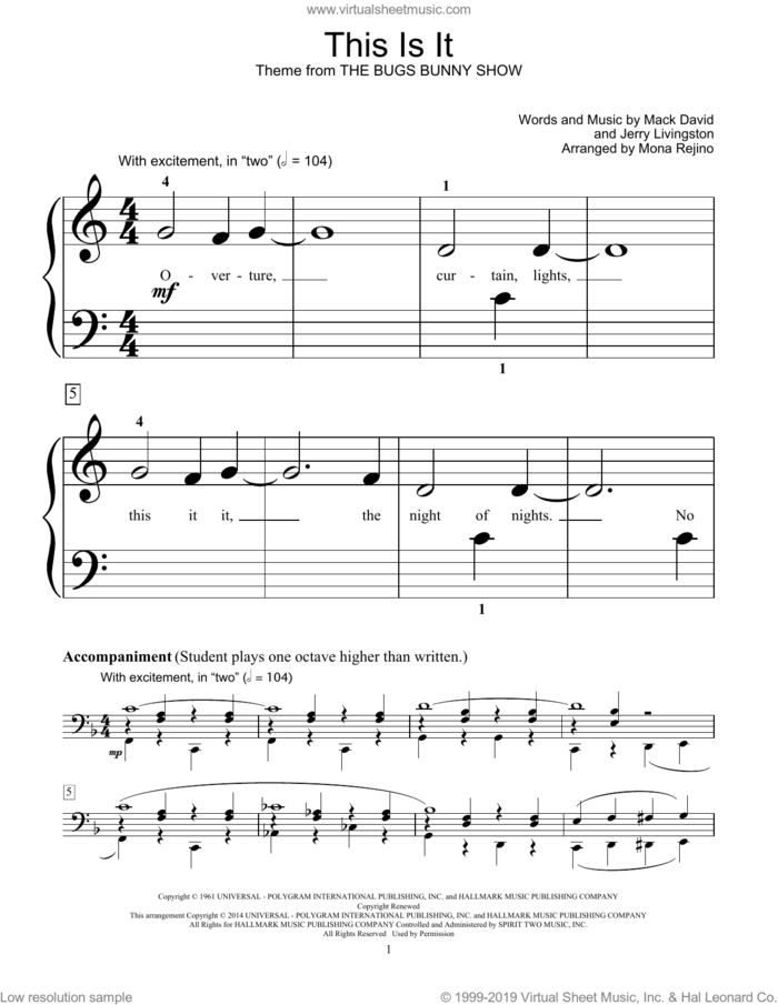 This Is It (arr. Mona Rejino) sheet music for piano solo (elementary) by Mack David, Mona Rejino, Mack David & Jerry Livingston, Bill Boyd and Jerry Livingston, beginner piano (elementary)