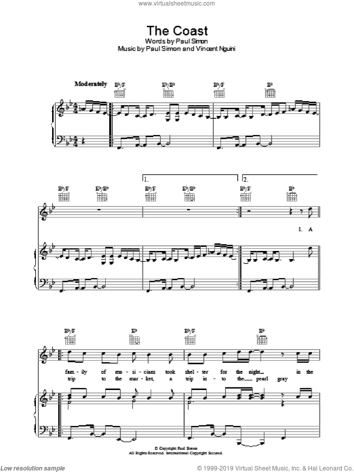 The Coast sheet music for voice, piano or guitar by Paul Simon and Vincent Nguini, intermediate skill level