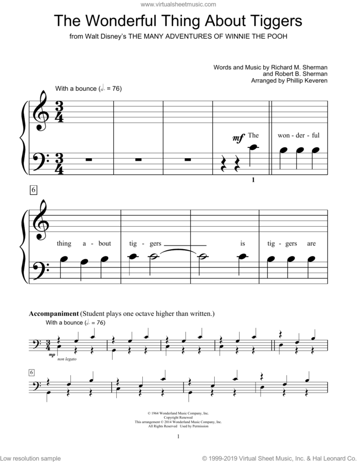 The Wonderful Thing About Tiggers (from The Many Adventures Of Winnie The Poo) (arr Phillip Keveren) sheet music for piano solo (elementary) by Richard M. Sherman, Phillip Keveren, Bill Boyd, Robert B. Sherman and Sherman Brothers, beginner piano (elementary)