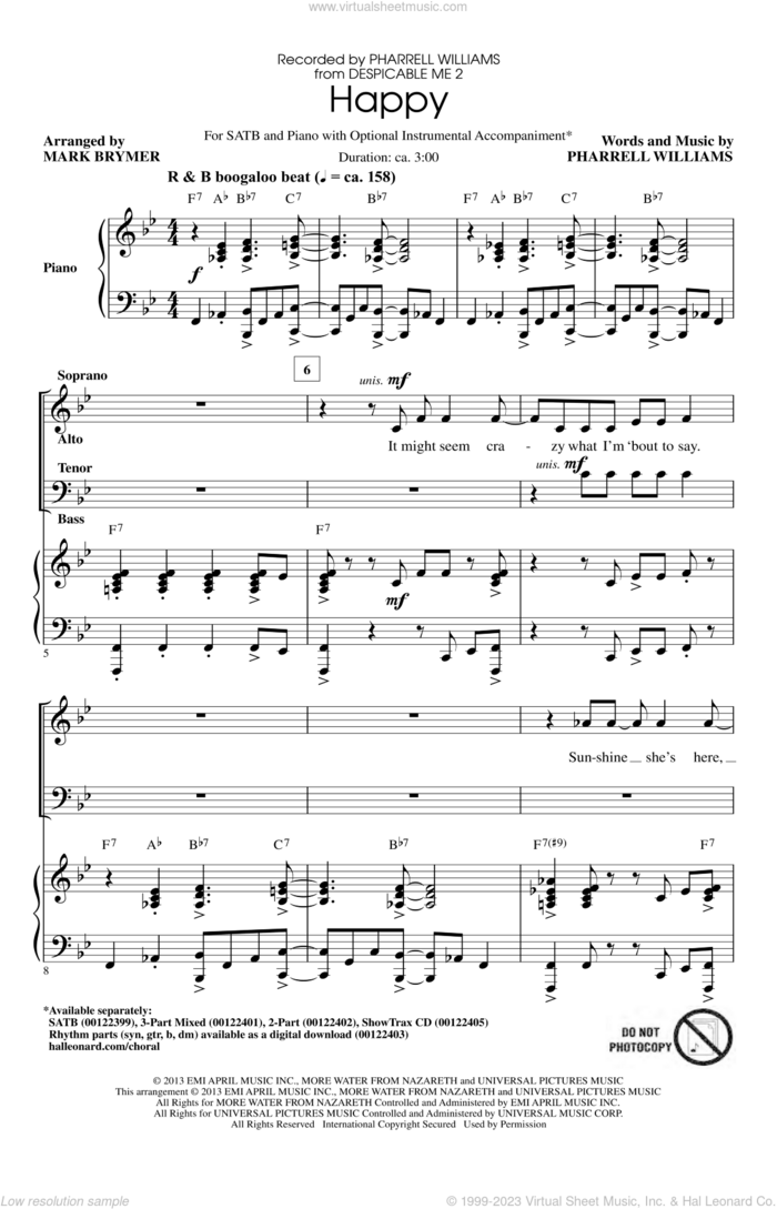 Happy sheet music for choir (SATB: soprano, alto, tenor, bass) by Mark Brymer, Pharrell and Pharrell Williams, intermediate skill level