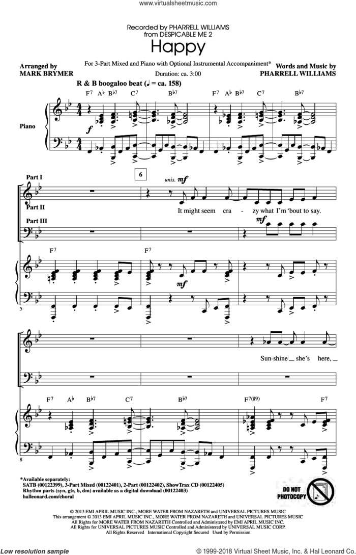 Happy sheet music for choir (3-Part Mixed) by Mark Brymer, Pharrell and Pharrell Williams, intermediate skill level