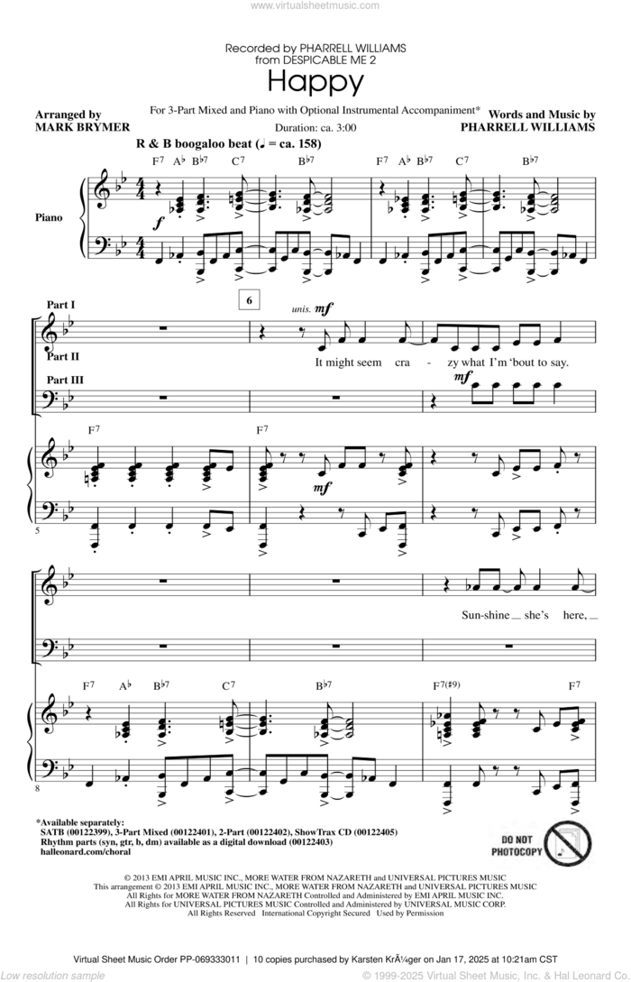 Happy sheet music for choir (3-Part Mixed) by Mark Brymer, Pharrell and Pharrell Williams, intermediate skill level