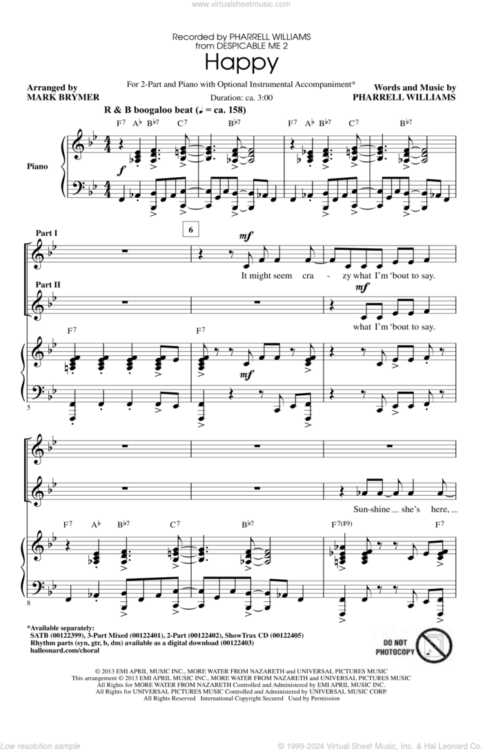 Happy sheet music for choir (2-Part) by Mark Brymer, Pharrell and Pharrell Williams, intermediate duet