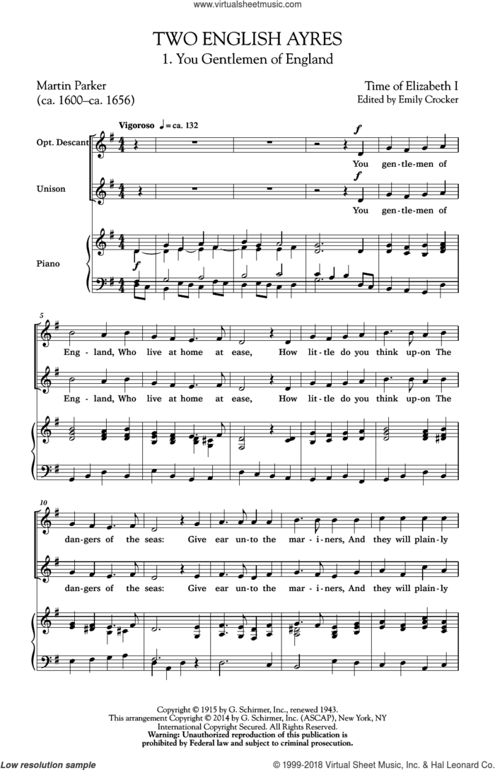 Two English Ayres sheet music for choir (2-Part) by Emily Crocker and Frank Hunter Potter, classical score, intermediate duet