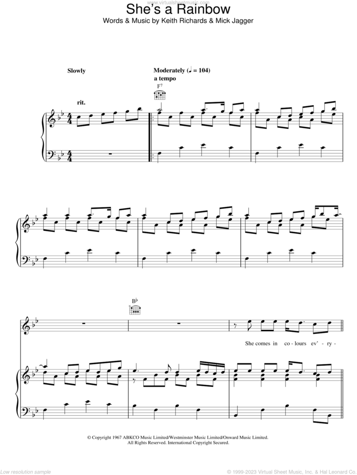 She's A Rainbow sheet music for voice, piano or guitar by The Rolling Stones, Keith Richards and Mick Jagger, intermediate skill level