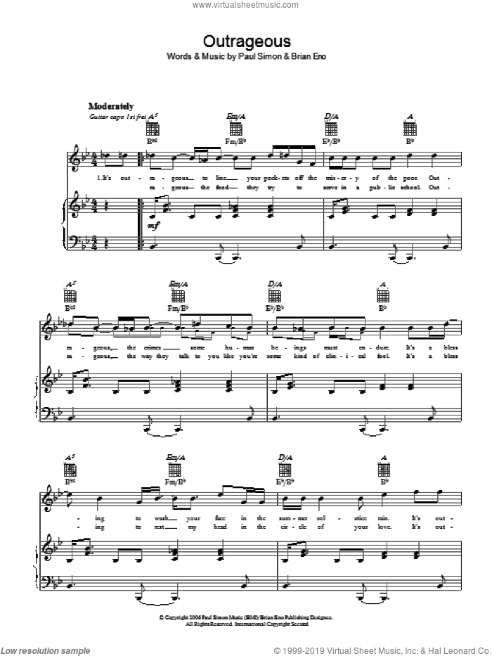 Outrageous sheet music for voice, piano or guitar by Paul Simon and Brian Eno, intermediate skill level