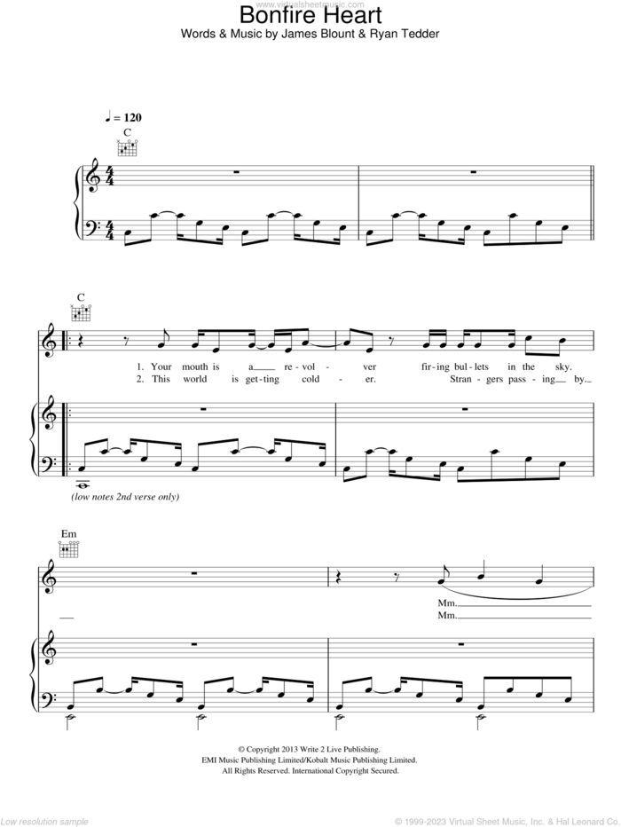 Bonfire Heart sheet music for voice, piano or guitar by James Blunt, James Blount and Ryan Tedder, intermediate skill level