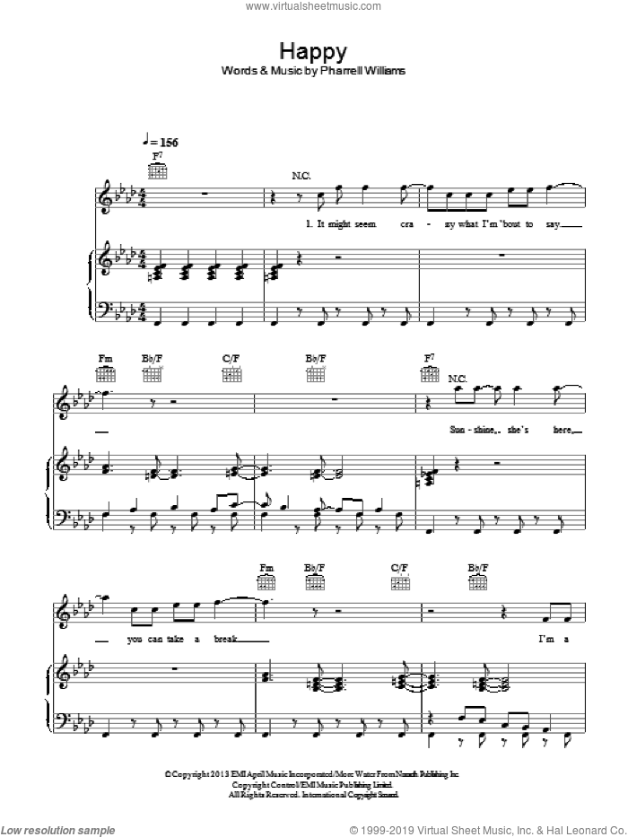 Happy sheet music for voice, piano or guitar by Pharrell Williams, intermediate skill level