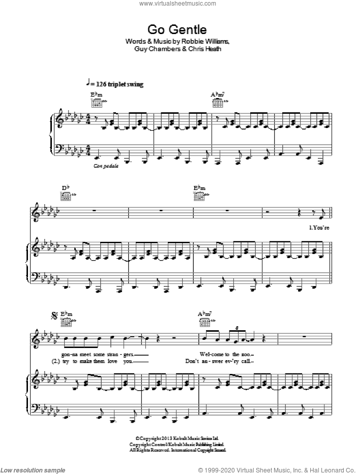 Go Gentle sheet music for voice, piano or guitar by Robbie Williams, Chris Heath and Guy Chambers, intermediate skill level